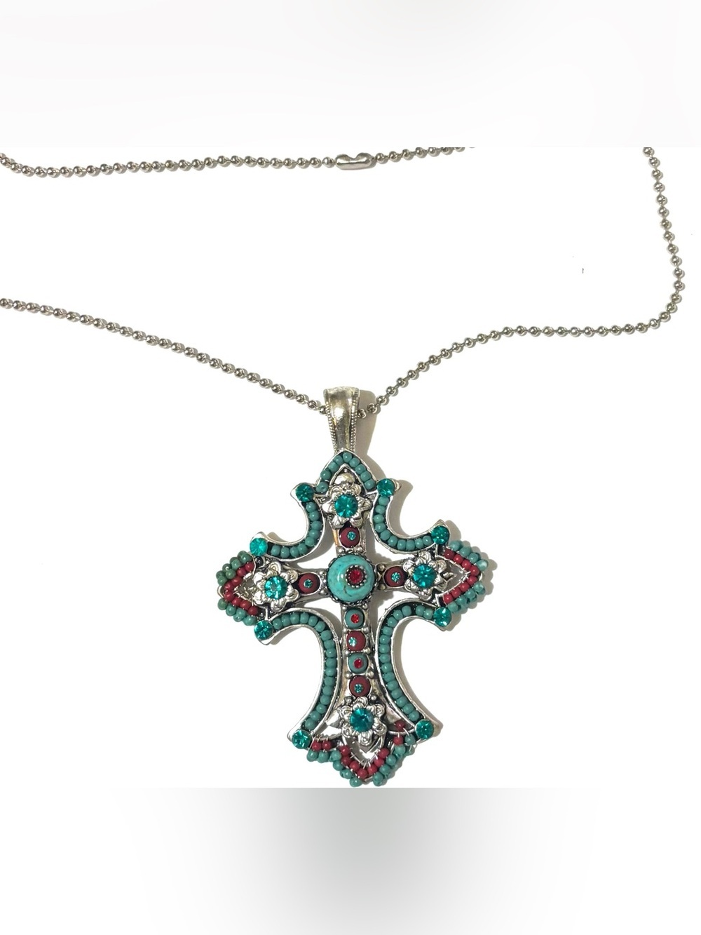 Turquoise & Red Beaded Cross Pendant Necklace - Women Jewelry